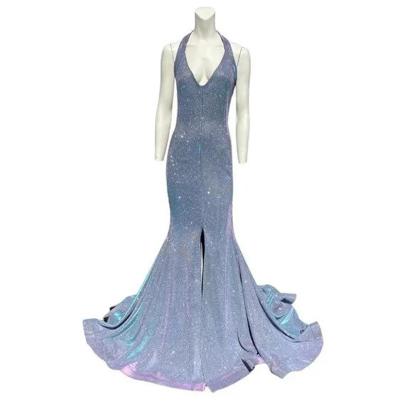 Jessica Angel | Dresses | Jessica Angel Metallic Shimmer Halter Front Slit  Gown Blue Size Medium Nwt | Poshmark